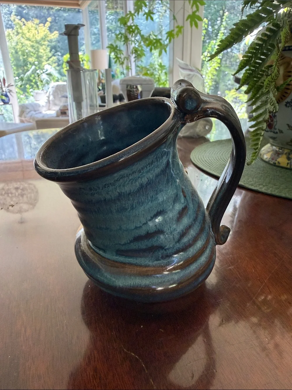 Novelty Smiling Face Ceramic Pitcher in Sandstone and Dark Blue